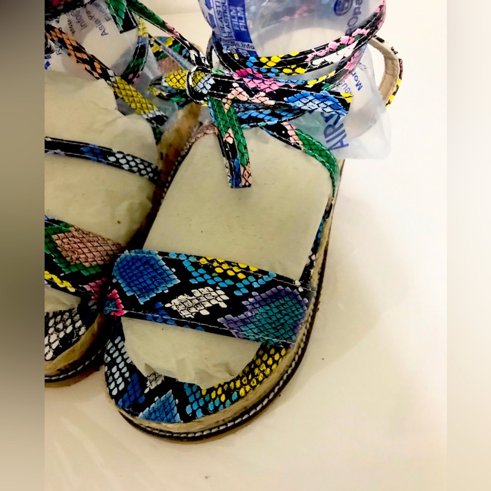 Platform rainbow animal print ankle tie sandals size 7